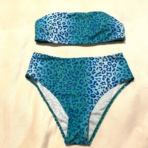 Blue and Green Leopard Print Bikini Set, size L